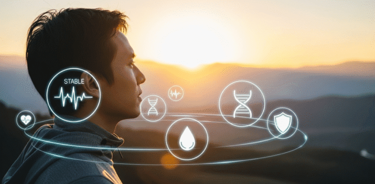 Pessoa saudável olhando para o horizonte ao nascer do sol, cercada por ícones médicos luminosos que simbolizam a prevenção através do check-up anual.