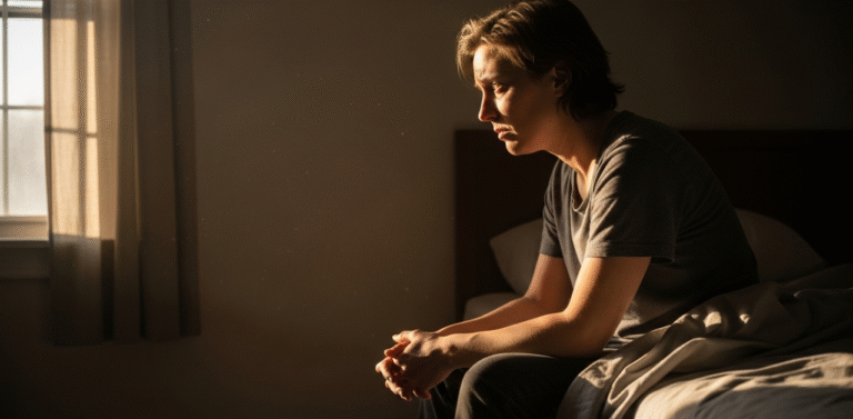 Pessoa sentada na beira da cama com a luz da manhã entrando, com uma expressão não de sono, mas de exaustão profunda, representando os diferentes tipos de cansaço.