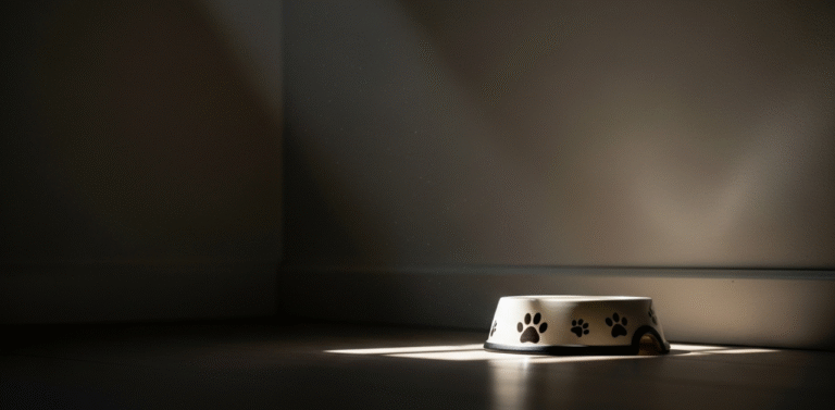Tigela de comida para pet vazia em um canto de uma sala silenciosa