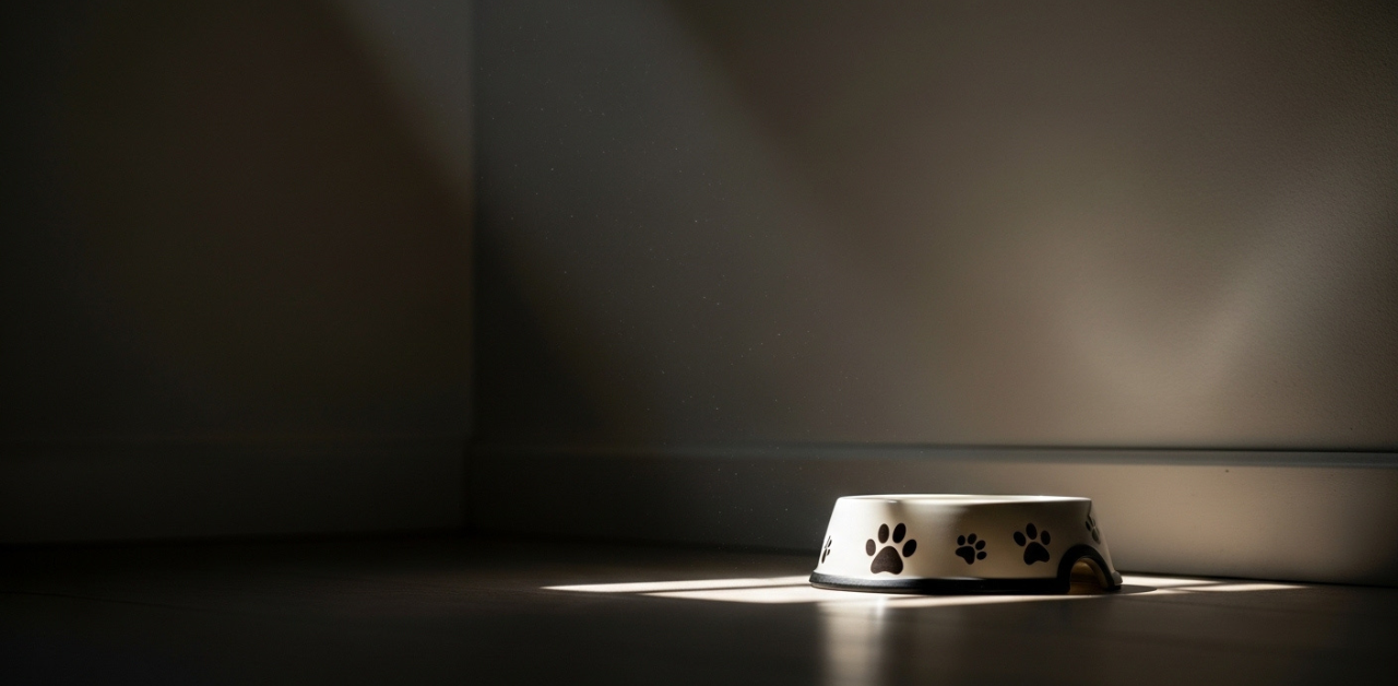 Tigela de comida para pet vazia em um canto de uma sala silenciosa