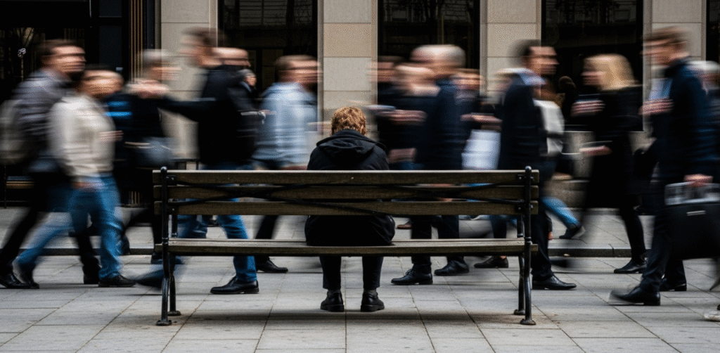 Uma pessoa sentada em um banco de praça com uma expressão triste, enquanto as pessoas ao redor passam apressadas e desfocadas, simbolizando o luto não autorizado.
