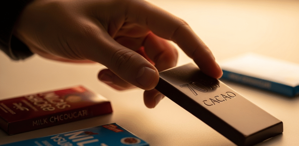 ão de uma pessoa escolhendo uma barra de chocolate amargo com 70% de cacau, que está em destaque e iluminada em comparação. Benefícios do chocolate.