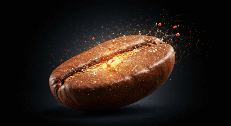 Grão de café estilizado emitindo luzes, simbolizando os benefícios do café.