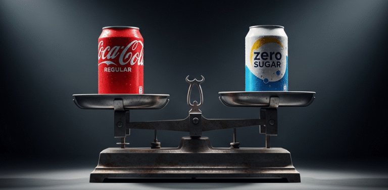 Balanca antiga equilibrando uma lata de refrigerante comum e uma lata de refrigerante zero, questionando a escolha entre refrigerante zero ou normal