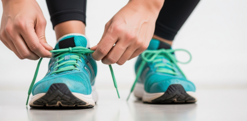 Close-up de mãos amarrando o cadarço de um tênis de corrida vibrante