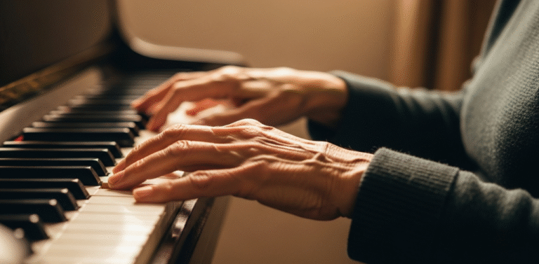 Close up de maos de uma pessoa idosa tocando piano com agilidade e expressao ilustrando os beneficios de tocar um instrumento musical para a longevidade cerebral