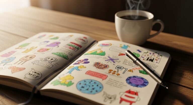 Close-up de um caderno com rabiscos e uma xicara de cafe simbolizando o kit de tediao para o ocios criativo
