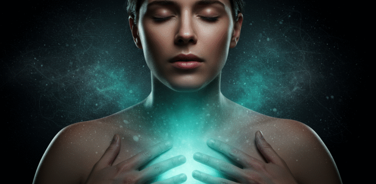 Close-up de uma pessoa com expressão serena e mãos no diafragma, emanando uma luz calma que afasta uma névoa, demonstrando o poder da respiração para ansiedade.