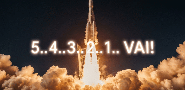 Foguete decolando com contagem regressiva 5 4 3 2 1 GO visivel na fumaca, simbolizando a Regra dos 5 segundos para vencer a hesitacao