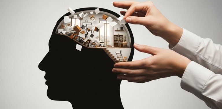 Ilustracao conceitual de maos organizando uma sala baguncada dentro da silhueta de uma cabeca humana, simbolizando os habitos para organizar a casa e a mente