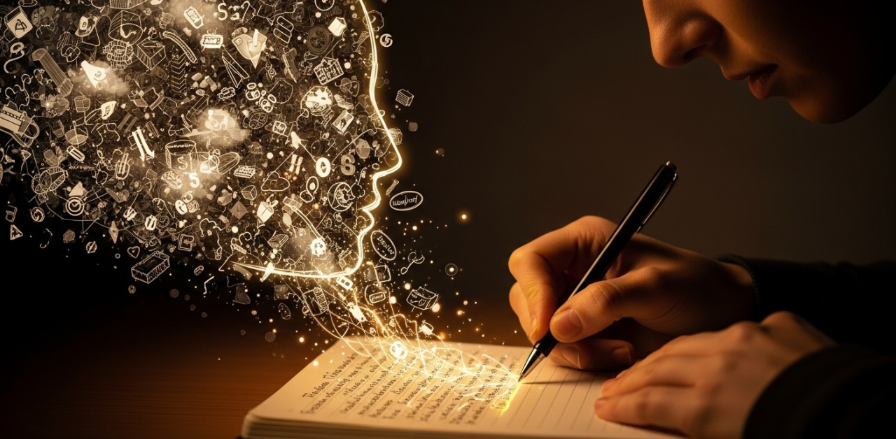 Ilustracao do conceito da tecnica Brain Dump com pensamentos saindo de uma cabeca e se organizando em um caderno