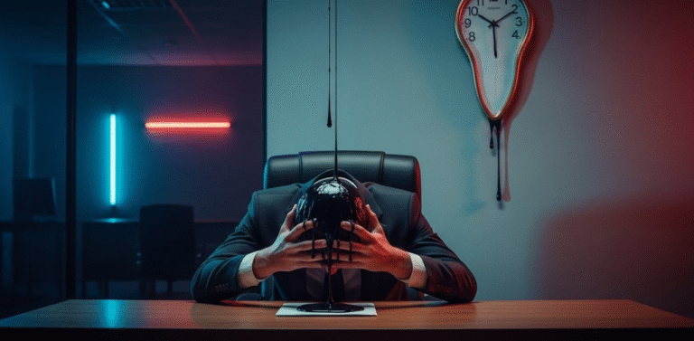 Ilustração surreal de uma pessoa em um escritório com a cabeça coberta por um líquido preto e um relógio derretendo na parede, simbolizando o esgotamento total do burnout vs estresse