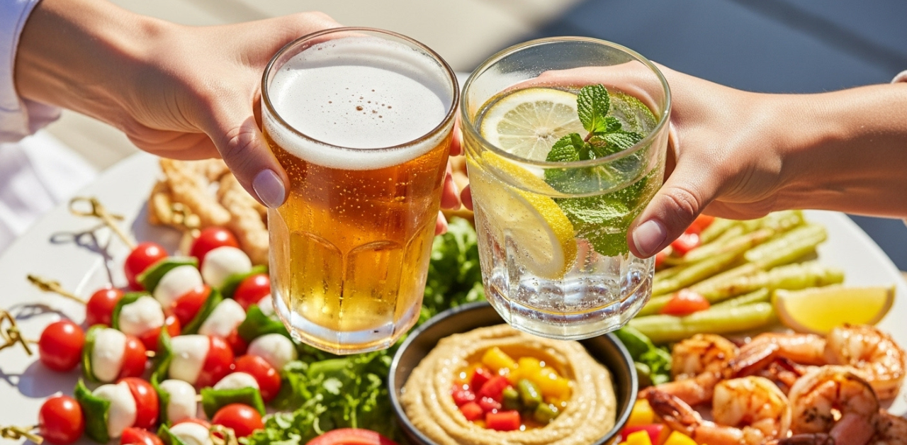 Mãos brindando com um copo de cerveja e um copo de água saborizada, cercadas por petiscos saudáveis