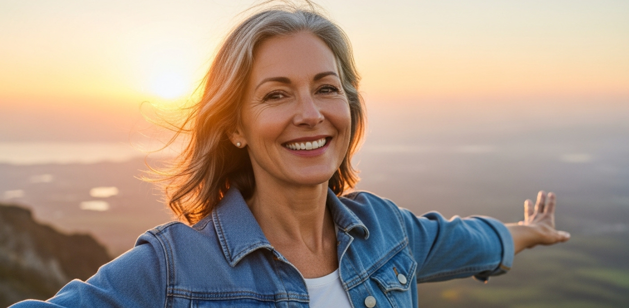 Mulher madura sorrindo com confiança para o horizonte, com o sol da manhã iluminando seu rosto, representando a liberdade de viver a menopausa sem tabu.