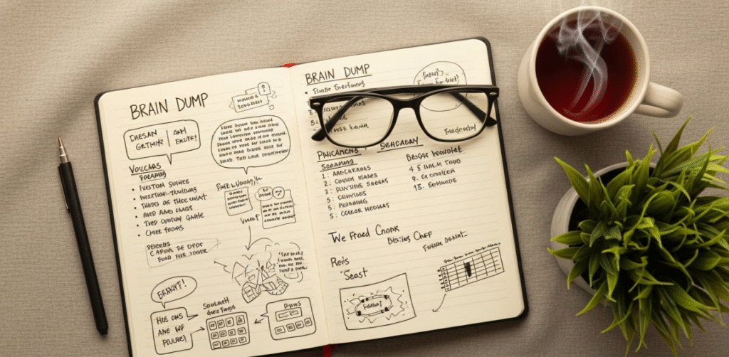 Pagina de caderno cheia de anotacoes de um brain dump com uma xicara de cha ao lado simbolizando o alivio e a organizacao apos a pratica