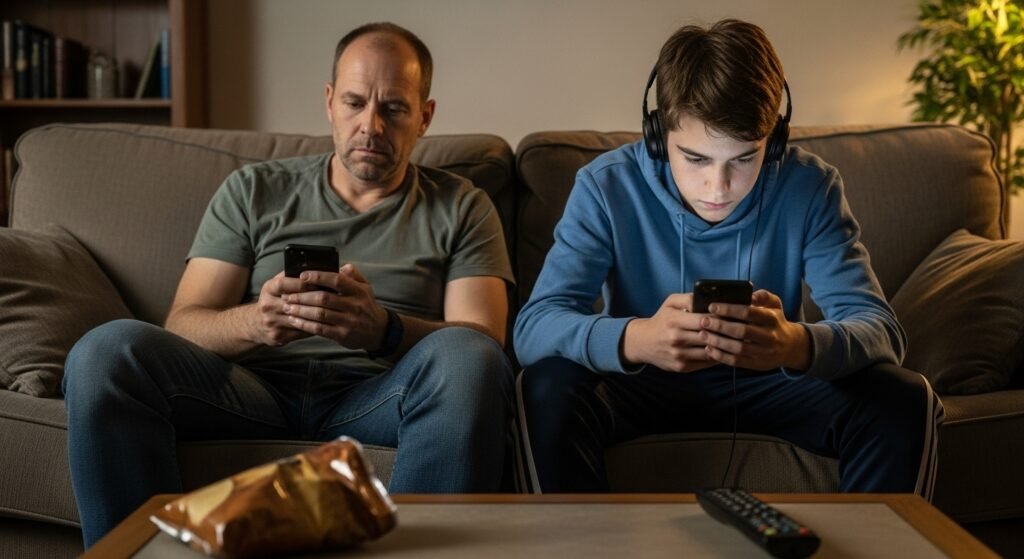 Pai e filho sentados em um sofá, cada um olhando para o seu próprio celular, fisicamente juntos, mas emocionalmente distantes.