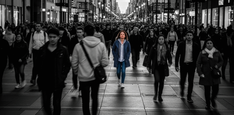 Pessoa colorida em meio a uma multidao em preto e branco em uma rua movimentada simbolizando a desconexao e a solidao na vida adulta