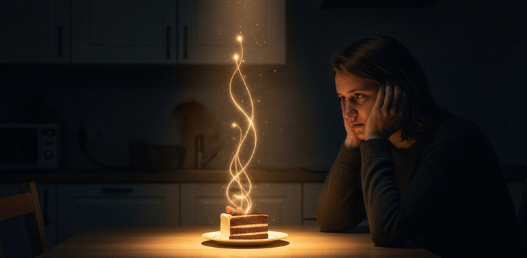 Pessoa em uma cozinha a noite olhando para um prato de comida que emana uma luz magica, simbolizando fome emocional