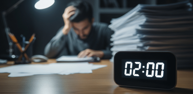 Pessoa olhando para uma tarefa dificil com um cronometro de 3 minutos em primeiro plano simbolizando uma tecnica para vencer a procrastinacao