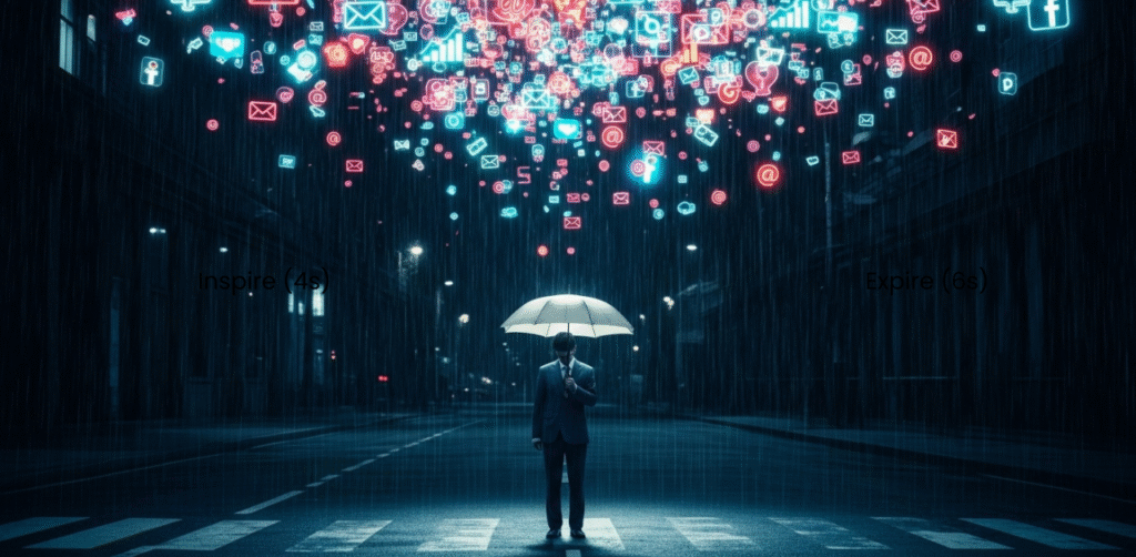 Pessoa se protegendo com um guarda-chuva de uma chuva de ícones de redes sociais e notificações de neon, simbolizando a sobrecarga digital que causa o estresse vs burnout