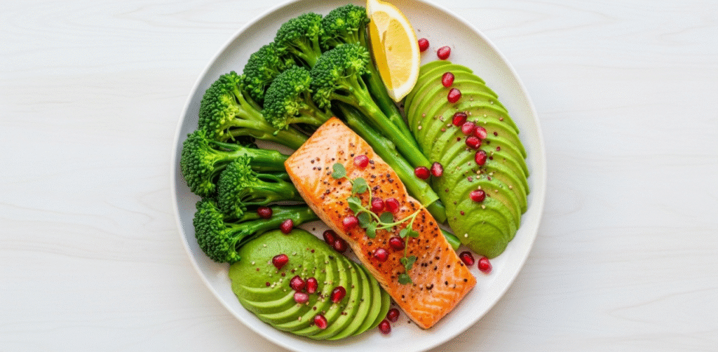 Prato com salmão, brócolis e abacate, representando a nutrição como aliada para viver a menopausa sem tabu com saúde.
