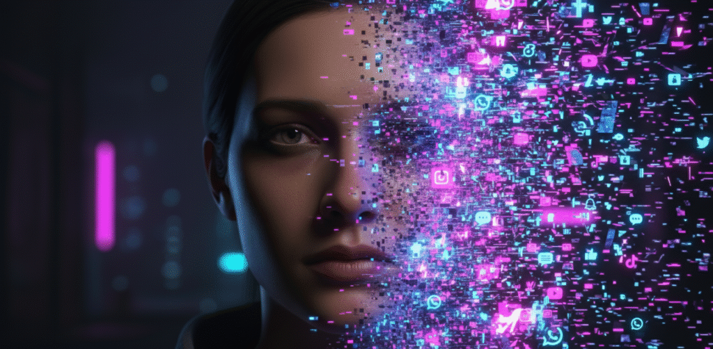 Retrato de uma mulher cujo rosto está se fragmentando em partículas digitais de luz, representando a perda de identidade e a desconexão emocional causadas pelo burnout