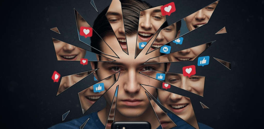 Rosto de uma pessoa se quebrando em fragmentos de espelho, que refletem versões distorcidas e ícones, ilustrando o impacto negativo das redes sociais na autoimagem.