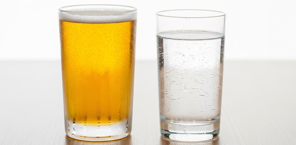 Um copo de cerveja e um copo de água lado a lado em uma mesa de bar, representando emagrecer sem deixar de beber cerveja