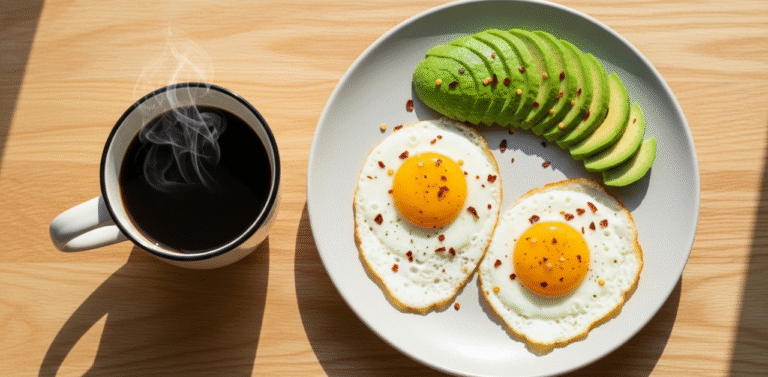 Xicara de cafe preto ao lado de um prato com ovos e abacate em uma mesa de cafe da manha ilustrando a relacao entre cafe e saude intestinal
