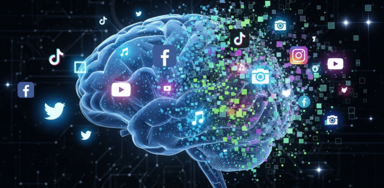 Cerebro se desintegrando em pixels e icones de redes sociais simbolizando o brain rot