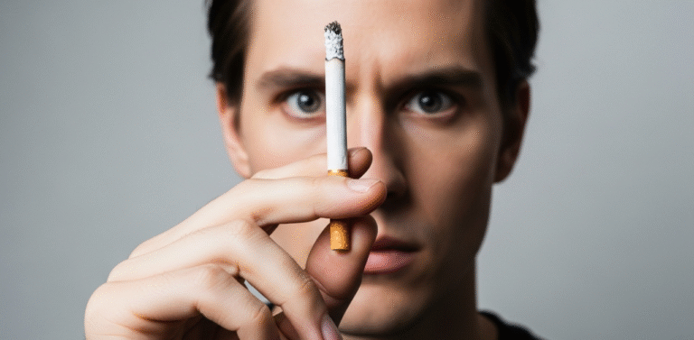 Close up de uma pessoa analisando um cigarro desligado com um olhar de curiosidade cientifica e desapego praticando mindfulness para abandonar maus habitos