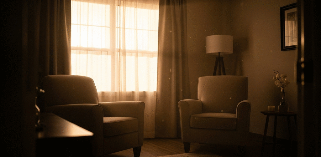 Consultorio de terapia aconchegante com duas poltronas e luz natural suave convidando a reflexao sobre se todo mundo precisa fazer terapia