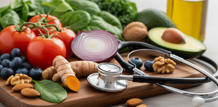 Estetoscopio sobre uma composicao de alimentos que compoem dietas anti-inflamatorias