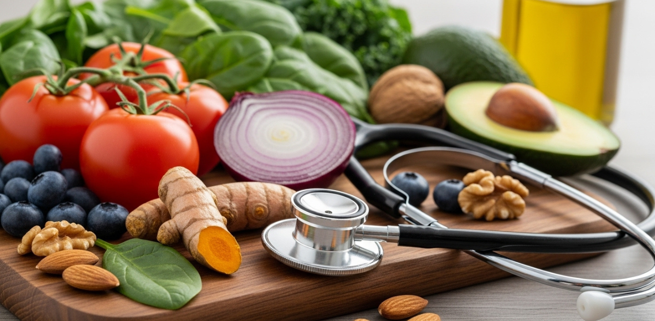 Estetoscopio sobre uma composicao de alimentos que compoem dietas anti-inflamatorias