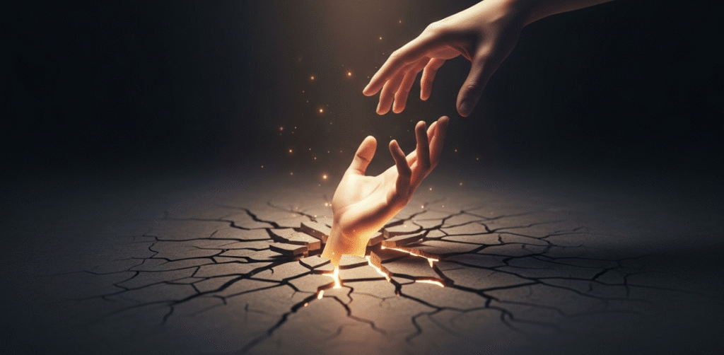 Mao quebrando barreira escura para tocar outra mao em gesto de ajuda para depressao funcional
