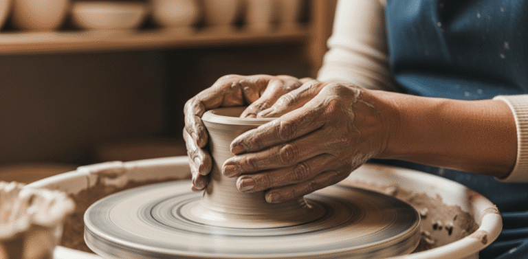 Maos de uma pessoa madura moldando argila em uma aula de ceramica com foco e serenidade ilustrando os beneficios dos hobbies para o cerebro