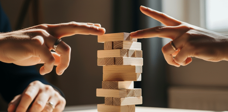 Maos de casal montando torre de blocos de madeira simbolizando os pilares de um casamento solido