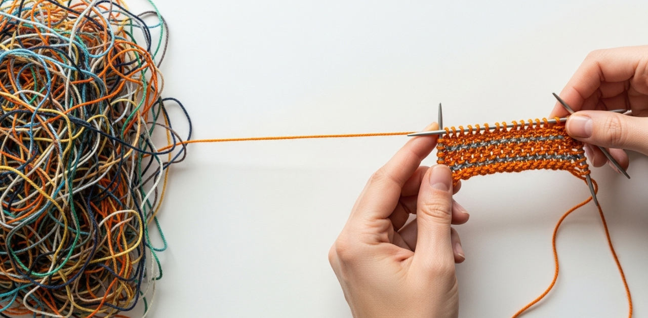 Maos transformando um emaranhado de fios caotico em um tecido organizado simbolizando a diferenca tecnica de quando todo mundo precisa fazer terapia