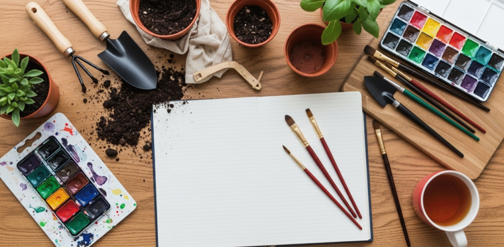Mesa organizada com itens de jardinagem e pintura longe de telas e computadores representando o refugio dos trabalhos manuais