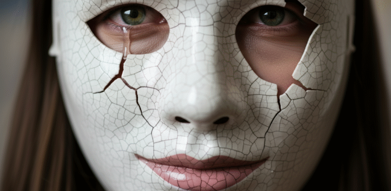 Mulher triste com mascara sorridente rachada simbolizando depressao funcional