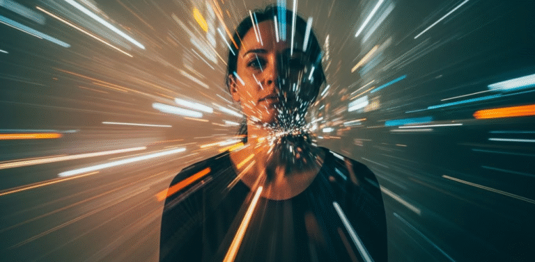 Retrato artistico de uma pessoa calma com uma sobreposicao de luzes e movimento rapido simbolizando a hiperatividade mental interna do TDAH