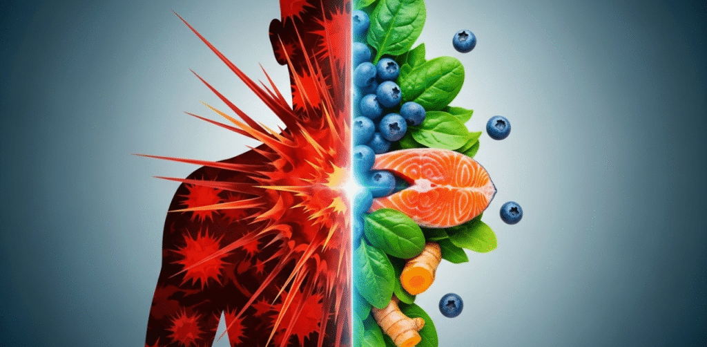 Silhueta de corpo humano metade inflamado e metade saudavel gracas a dietas anti-inflamatorias