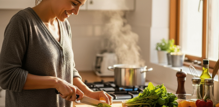 Pessoa sorrindo enquanto corta legumes frescos em uma cozinha iluminada com panelas ao fundo representando o prazer da comida caseira