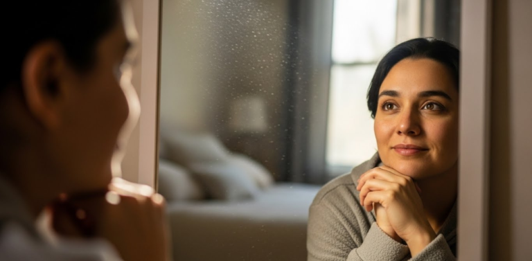 Uma pessoa olhando seu reflexo em um espelho com uma expressão pensativa, refletindo sobre os motivos de estar falhando no autocuidado